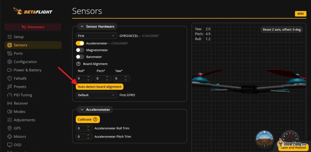 Вкладка Sensors в Betaflight Configurator с кнопкой Auto-detect board alignment