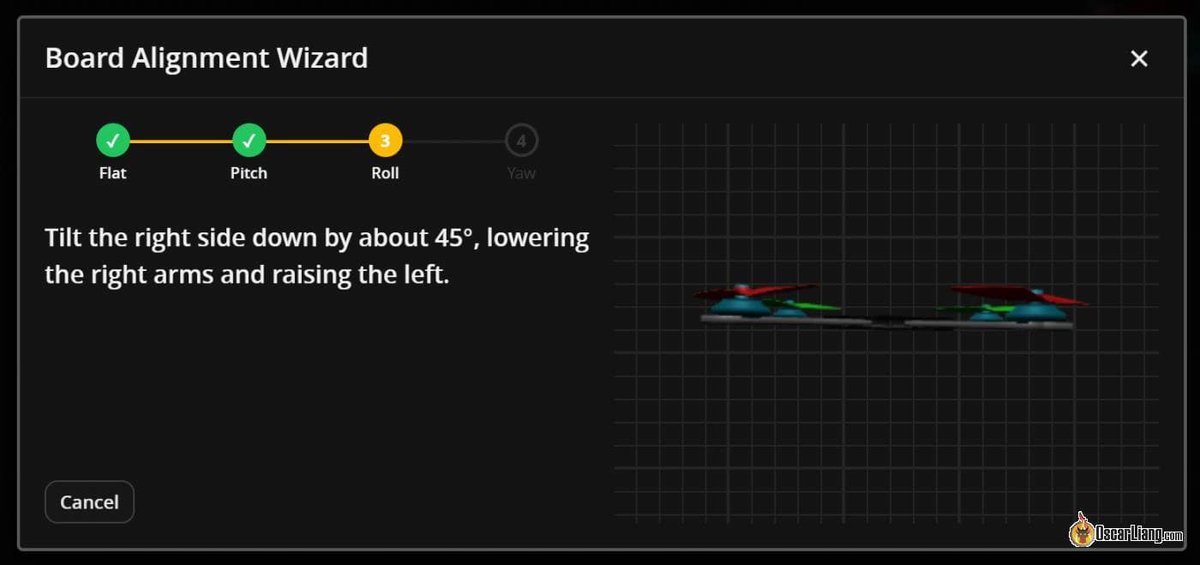 Мастер ориентации платы в Betaflight Configurator: шаги flat, pitch, roll, yaw