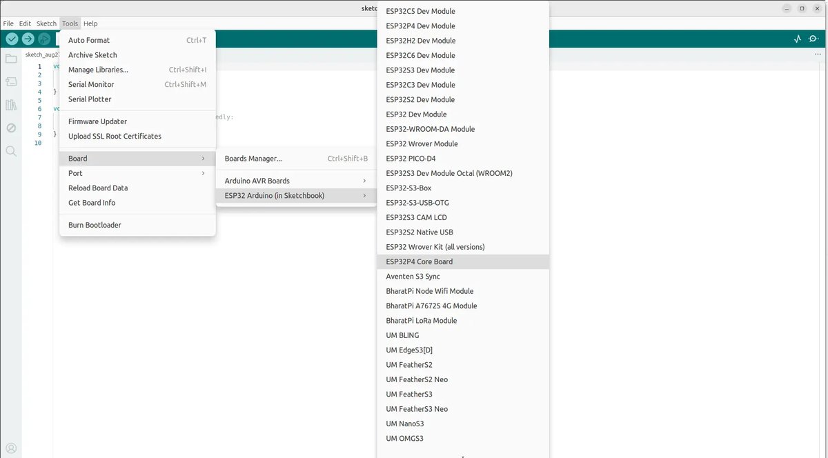 Меню Tools > Board в Arduino IDE с выбором платы ESP32-P4