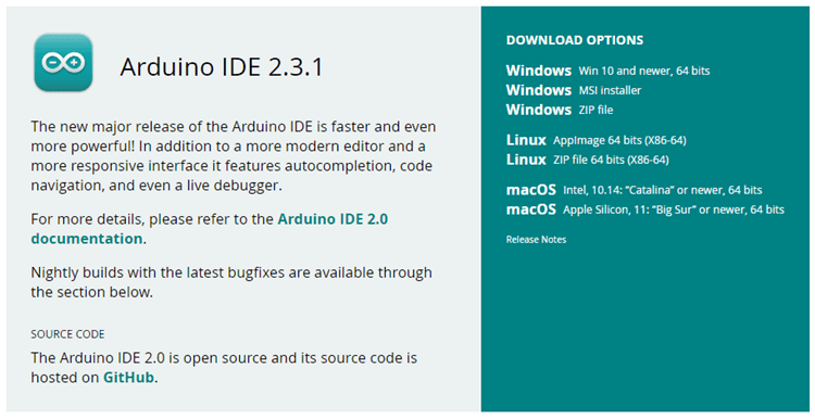 Страница загрузки Arduino IDE 2