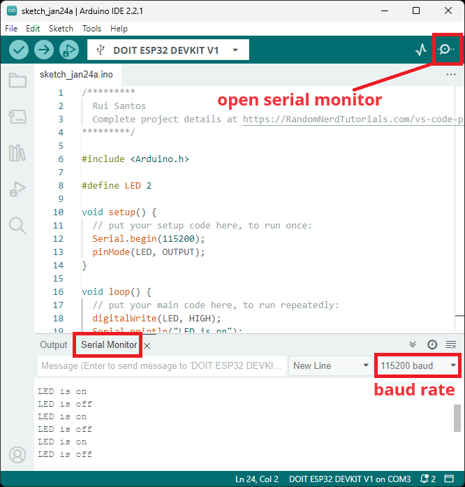 Монитор порта Arduino IDE 2 с сообщениями от ESP32