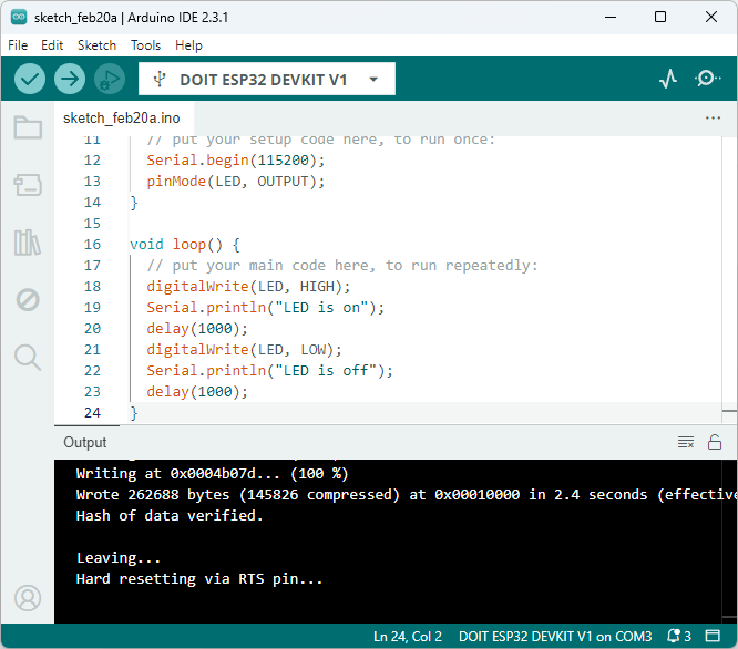 Успешная заливка кода на ESP32 в Arduino IDE 2