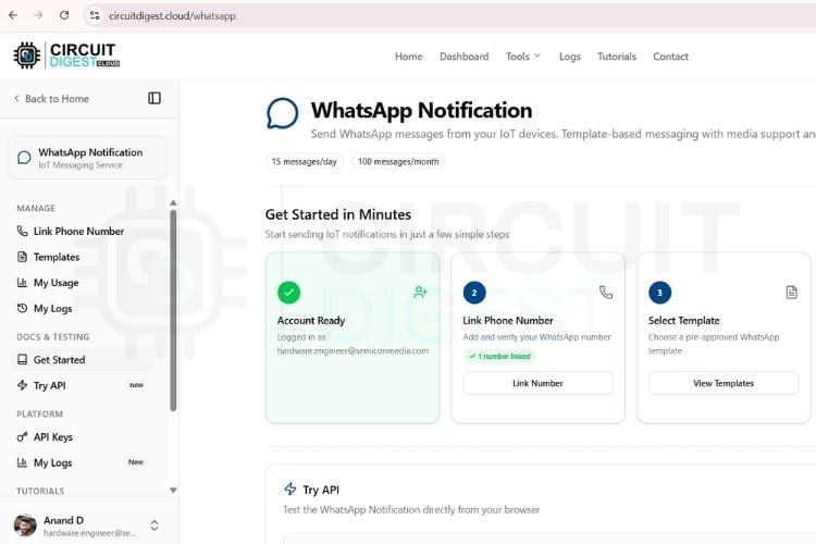 Страница API уведомлений WhatsApp