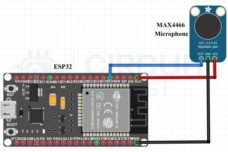 Схема подключения MAX4466 к ESP32