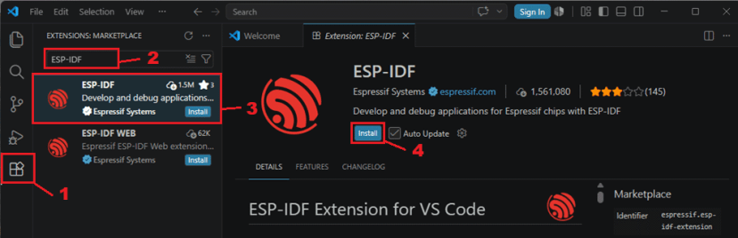 Поиск и установка расширения ESP-IDF в VS Code