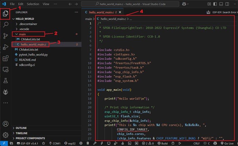 Открытый исходник hello_world_main.c в редакторе VS Code