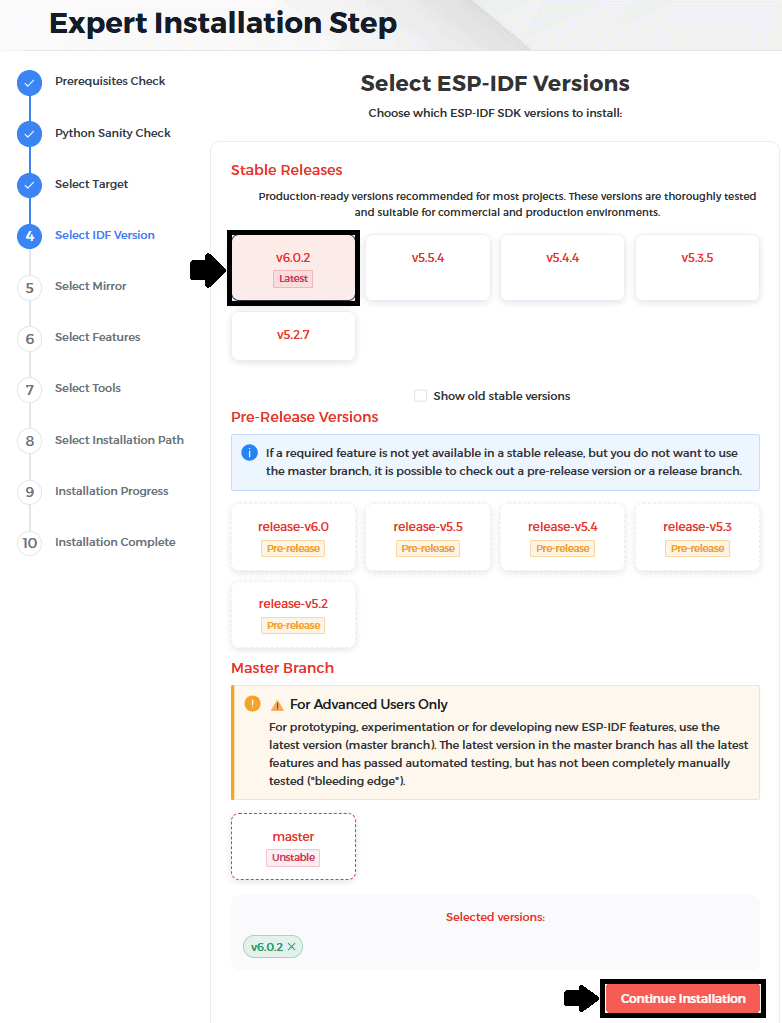 Выбор версии ESP-IDF v6.0.2 в менеджере установки
