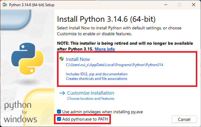 Установщик Python с галочкой Add Python to PATH