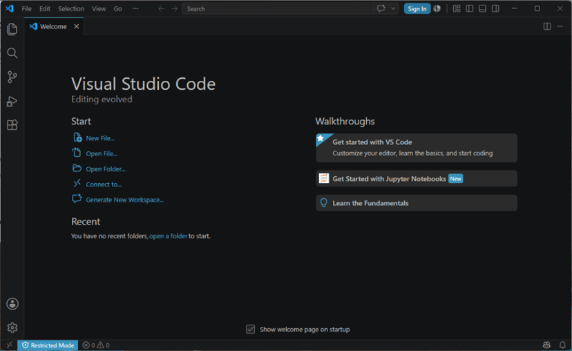Установленный VS Code с вкладкой Welcome