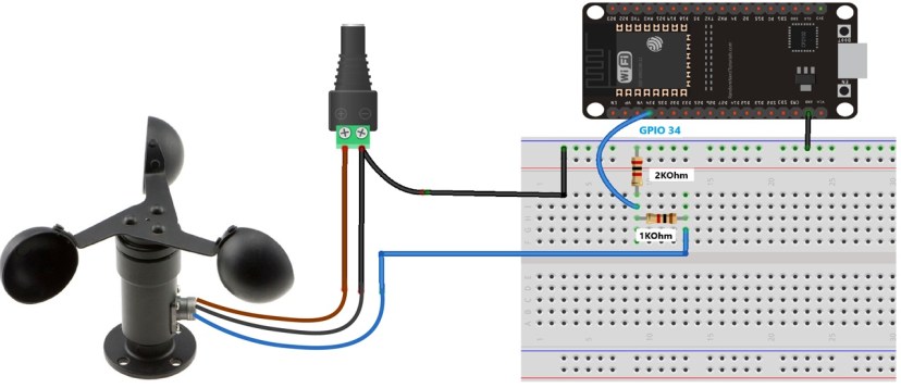 Схема подключения ESP32 к датчику ветра — анемометру