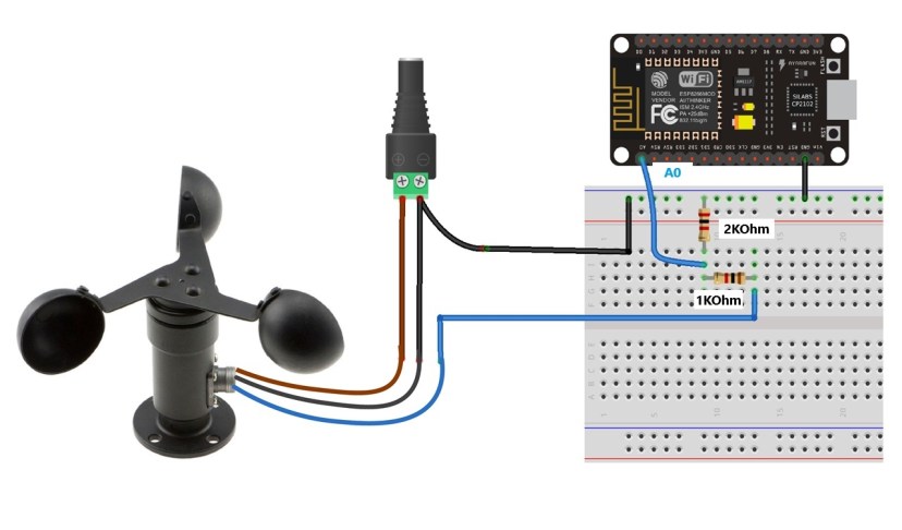 Схема подключения ESP8266 к датчику ветра — анемометру