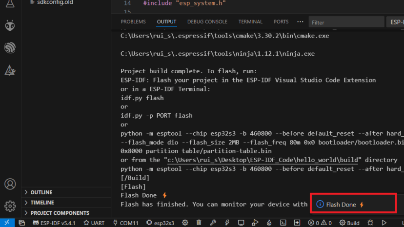 Сообщение Flash Done после прошивки ESP32 в VS Code