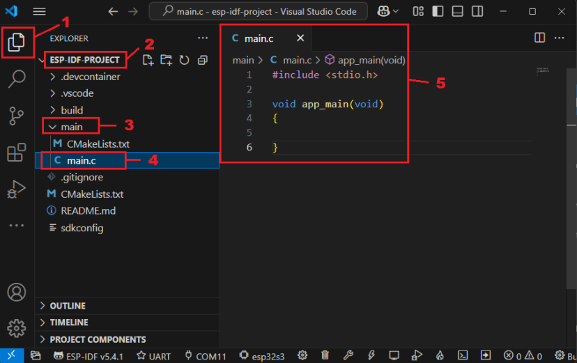 Проводник проекта VS Code: переход к файлу main.c