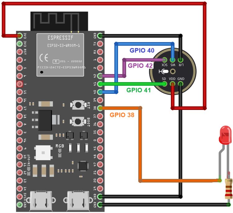 Схема подключения INMP441 и светодиода к ESP32-S3