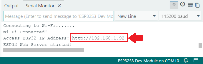 IP-адрес ESP32 в мониторе порта