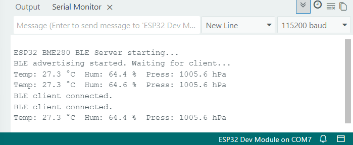 BLE-клиент подключён к ESP32 — монитор порта