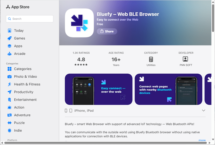 Приложение Bluefy — BLE-браузер для iOS