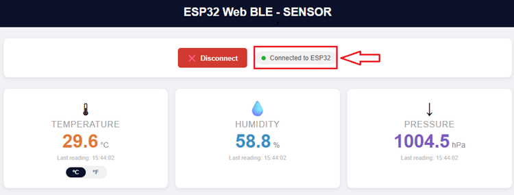 Web-BLE-приложение подключено к ESP32