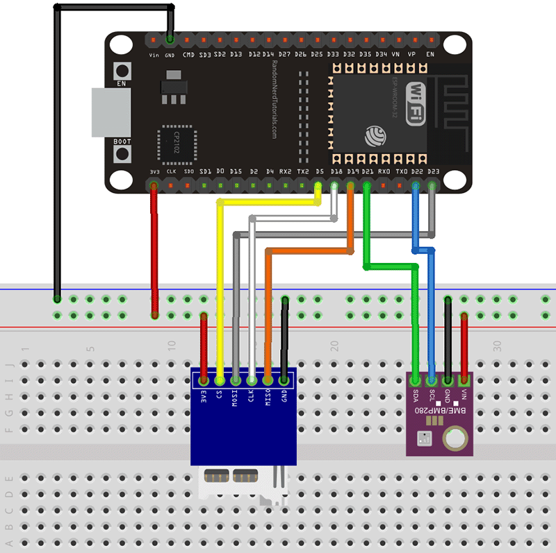 Схема подключения ESP32 к BME280 и модулю microSD
