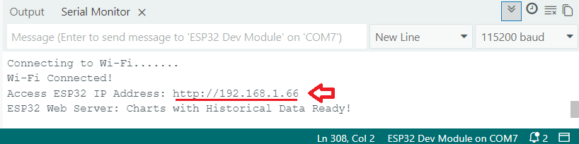 Монитор порта Arduino IDE с IP-адресом ESP32