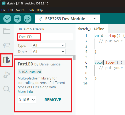 Установка библиотеки FastLED в менеджере библиотек Arduino IDE