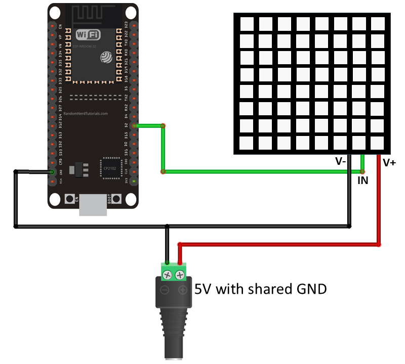 Схема подключения матрицы 8×8 к ESP32 с внешним адаптером питания