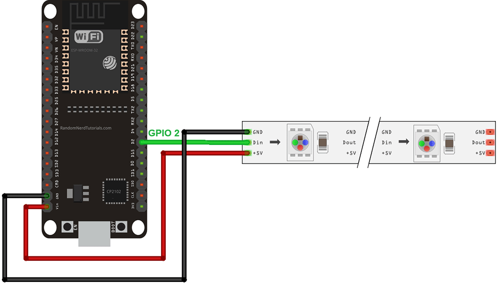 Схема подключения ленты WS2812B к ESP32: GPIO 2 на DIN