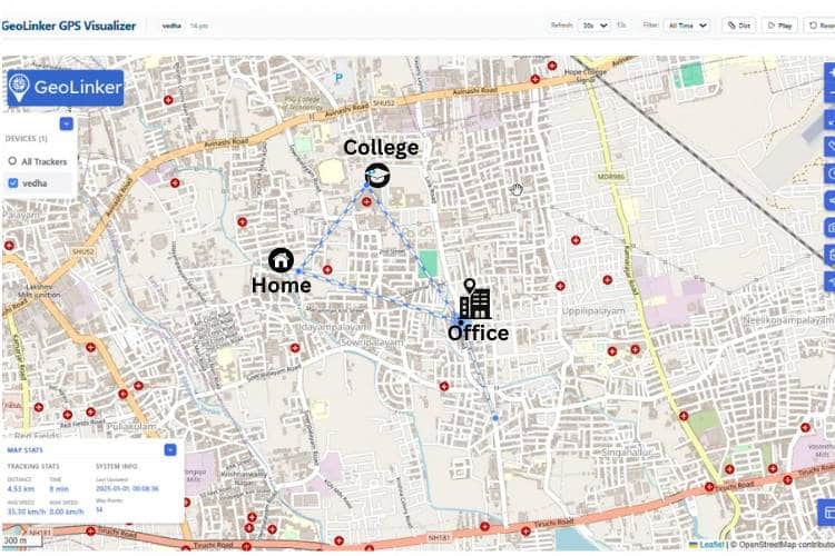 Геозоны «Дом», «Универ» и «Работа» на карте в GeoLinker GPS Visualizer