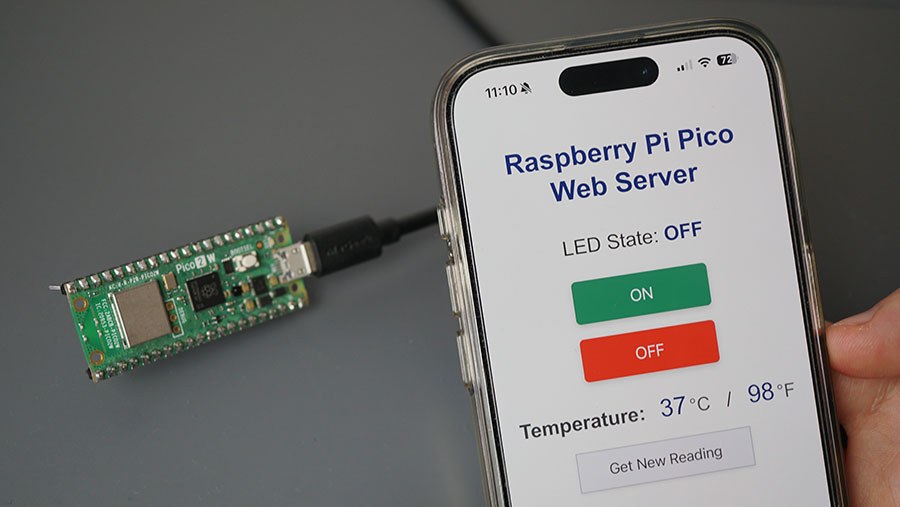Raspberry Pi Pico W и веб-страница с кнопками управления светодиодом и температурой
