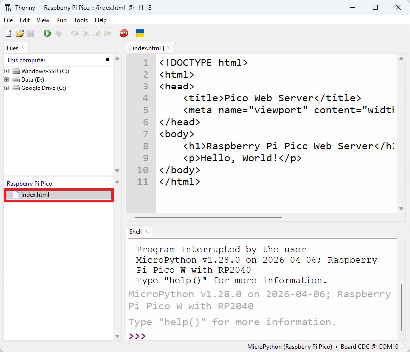 Панель Files в Thonny с файлом index.html на Raspberry Pi Pico
