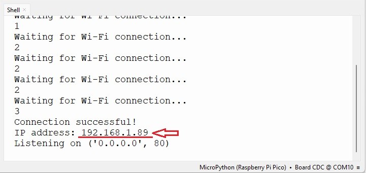 Консоль MicroPython в Thonny с IP-адресом Pico