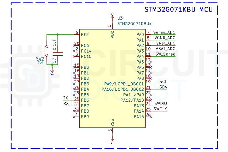 Подключения микроконтроллера STM32G071KBU: входы АЦП, I2C, SWD, мониторинг батареи