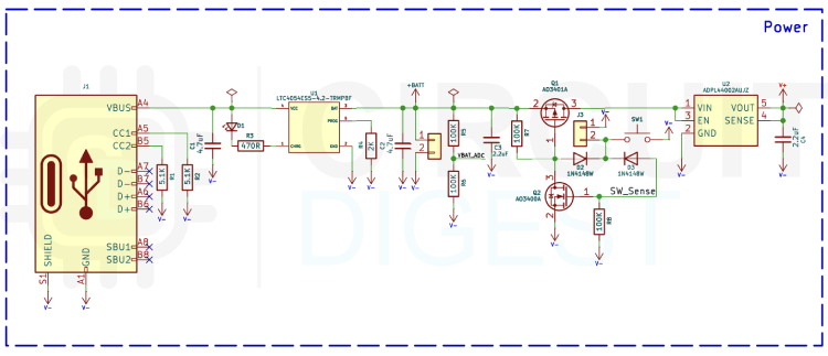 Схема блока питания: USB Type-C, зарядка LTC4054, LDO и soft-latch на MOSFET