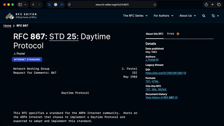 Страница RFC 867 Daytime Protocol на сайте RFC Editor